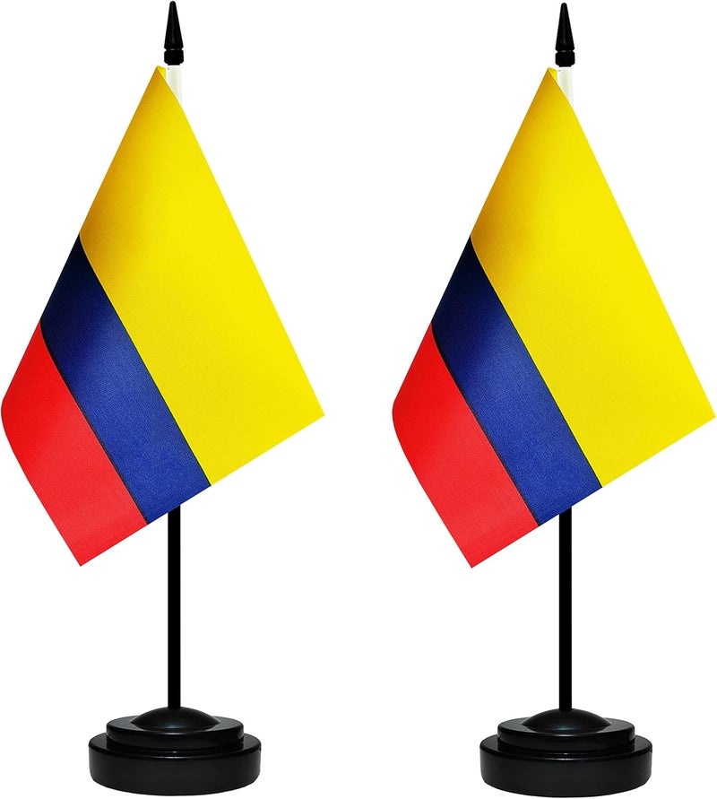 BCLin Colombia Desk Flag Set, 2 Pack Colombian Table Office Flags, Small Mini Desktop Flag With 12" Solid Black Pole, Black Base, Miniature Desktop Flag - Image 1